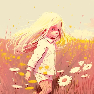 dreamlike hyper realistic illustration of a white fire haired girl's spirit in a field of pink and yellow flowers, flat colors, simple lines, gorgeous lighting, graphic novel style, 2d painting, ink painting style, digital art, childrens character design, happy mood, pixar style cartoon, line work, minimalist, watercolor, 8k, PNG, clipart on white background, sticker style, studio ghibli vibe, studio ghibli style