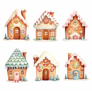 very simple watercolour childrens book style drawing of different cute gingerbread houses, pastel colours soft on white background for clipart, 8k