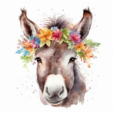 watercolor a funny donkey, wearing flowering head cover, clipart, isolated on white background, no watermark, HD