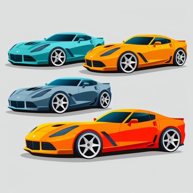 a clipart of stylish and sleek sports cars with a vibrant color scheme that catches the eye. The car should have a dynamic and powerful appearance with a modern design that appeals to a wide audience. Ensure that the clipart showcases the car's key features, such as its aerodynamic shape, alloy wheels, and bold front grille. Make the clipart versatile so that it can be used for a variety of purposes, including marketing materials, social media posts, and web designs. The clipart should be of hig