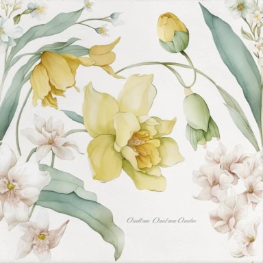 watercolor floral CLIPART, WHITE AND YELLOW NARCISSUS FLOWERCOLOR PRE MADE BORDER, pastel pale COLORS, clipart, no background, blank space for writing, CLEAN OUTLINE, delicate and elegant, dreamy airy color, classic style, airy watery colors, with elements of GREEN LEAVES and bluberries, hd, best quality, 8k,