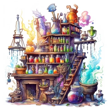 a clipart displaying a wizard's alchemical laboratory, with shelves filled with colorful potion ingredients, alchemical tools like mortars and pestles, and magical smoke emanating from a bubbling flask, fantasy syle, details, white background