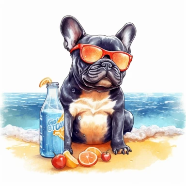 create a one of a kind high quality highly detailed saturated beautiful SUMMER BEACH THEMED themed watercolor clipart illustration of a happy and smiling SMALL FRENCH BULLDOG puppy with loving eyes on a sandy beach sitting next to a bottle of suntan lotion wearing sunglasses, include a sunset, WHITE BACKGROUND, NO FONT, NO TEXT, NO WORDS, NO WATERMARK