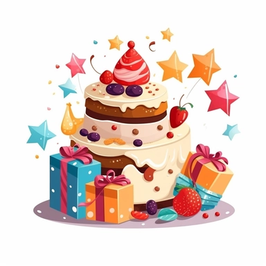 Birthday Cake With Birthday Elements Like belon,Gift Box, Star, Clipart, Vector Style, Logo design, White Background