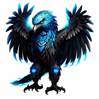 a glowing tribal eagle with blue lights on his eyes, tribal animals, in the style of bold black outlines, manhwa character design, master of shadows, burned/charred, himalayan art, dark black and light azure, 2d game art, quadratura, clipart, on white blackground