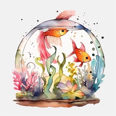 Watercolor fish tank clipart, white isolated background, space out, hd