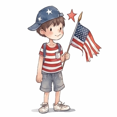 side boy kid with 4th of July theme,Watercolor style, Clipart,on white background