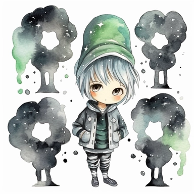 watercolor funny create kawaii marbled black ,silver, green chibi school spirit clipart, isolated on white background,space out--ar3:2--s1000