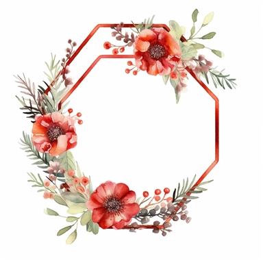 one Christma Hexagon flower frame clipart seamles ornament on a white background, in the style of watercolor landscapes, red and green, no watermark, text, 300 DPI , typography, shapes do not stick together, no text in the picture, on a white background