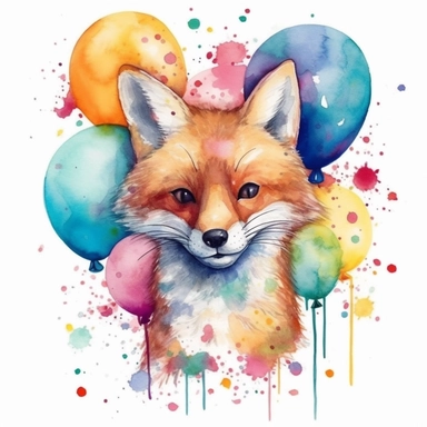 please create watercolor clipart of a fox smiling, wearing party BALOONS AND GUM and bubbles, colorful, WHITE BACKGROUND