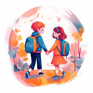 girl and boy together go to school illustration, the first of September, children storybook illustration. 2d, vibrant luminous colors, flat style, ink Lines, clipart, white empty background, sharp, high resolution, blue orange warm