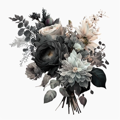 clipart watercolor detailed and realistic. on white background. beautiful flower tribute, Bouquet. dark theme, greyscale - loss funeral Themed tribute bouquet