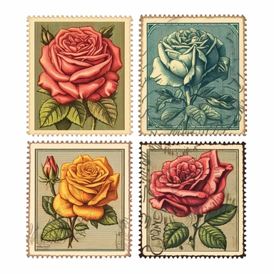 a set of four vintage floral stamps, roses, collection, with margins, clipart, isolated on solid white background