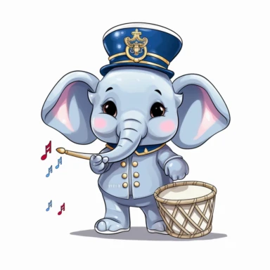 cute baby elephant as a marching band color guard saber spinner, nursery wallpaper clipart naive art