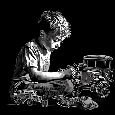 sketch clipart of 20s poster boy playing with toys, hd, white on black background, spaced out,--ar 3:2