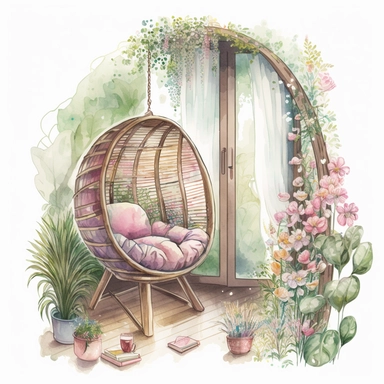 cozy Cottage Watercolor pink, brown, and green with watercolor effects, bright colors, Floral Southport Patio Egg Swing Chair A cozy reading nook with a huge window that lets in cinematic daylight plants emerge from it clipart png 4k, 8k