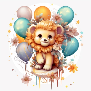 a detailed very colorful vector Clipart image sticker of a beautiful majestic magical floral baby lion holding balloons with a white background, pastel light colors, fall colours, gold ropes, photorealistic,cinematic, Cinematic, Color Grading, Editorial Photography, Photography, Photoshoot, Shot on 70mm, Ultra-Wide Angle, Depth of Field, DOF, Tilt Blur, Shutter Speed 1/1000, F/22, Gamma, White Balance, Neon, Light, Dark, Light Mode, Dark Mode, High Contrast, 5D, Multiverse, 32k, Super-Resolution