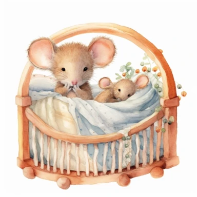 a cute baby mice inside a crib, watercolor, detailed, clipart, hd
