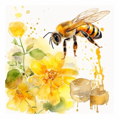 one bee honey on a white background, Watercolor clipart, in the style of texture-rich compositions, pictorial fabrics, white background, anna dittmann, multi-panel compositions , no watermark, text, words, paintbrush, typography, the images do not stick together