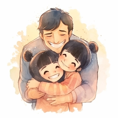 black hair father hugging daughter and boy lovingly, smiling, Watercolor Clipart, HAPPY, strybk, full Illustration, chibi kawaii, sharp focus, watercolor, smooth soft skin, symmetrical, soft lighting, detailed face, concept art, muted colors, watercolor style, strybk, children's style fairy tales, Octane rendering, 3D, Perfect face, detailed face, delicate face, perfect sharp lips, detailed eyes. Craig Davison, Aubrey Beardsley, Conrad Roset, Aikut Aidogdu, Agnes Cecil, 8k