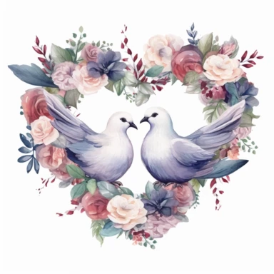 watercolor clipart of wedding doves kissing inside a floral heart wreath, colored ink illustration, good composition, vector, contour, isolated white background, 26k