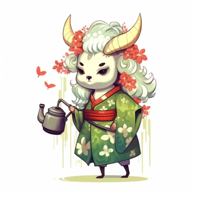 human like white fluffy deer with red horns inspired by Oni yokai wearing light Lime kimono holding watering can and watering flowers, clipart, kawaii, style of animal crossings game characters