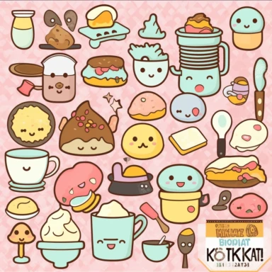 Kawaii Breakfast Clipart, a delightful collection of cute and cheerful breakfast-themed graphics. The bundle includes adorable illustrations of eggs, bacon, pancakes, coffee, and other breakfast items, all designed in a kawaii style. The scene is set in a cozy kitchen, with a breakfast table adorned with cute plates, cups, and utensils. The mood is warm and inviting, capturing the comfort and joy of a hearty breakfast. The atmosphere is playful and lighthearted, evoking a sense of happiness and 