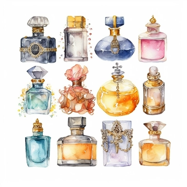 Eleven Watercolor Princes Perfumes Clipart by Nita Engle on solid white background