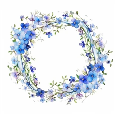 clipart of a sharp and delicate floral garland, without too much flowers and leafs using forget-me-nots flower, studio ghibli watercolor style, isolated on white background, maximalism, complex, very high definition
