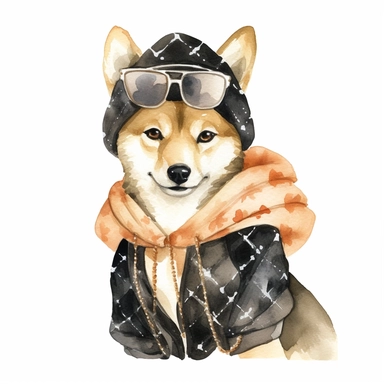 An adorable watercolor clipart of a Doggy Diva wearing a fashionable outfit, black and tan Shiba Inu