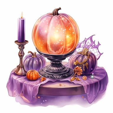 hand drawn glowing crystal ball sitting on a table with crystals, tarot cards, a wand, candles and a pumpkin, Halloween, purple and orange shades,fantasy, glamorous, , clipart style, detailed and realistic, watercolor, white background with margins
