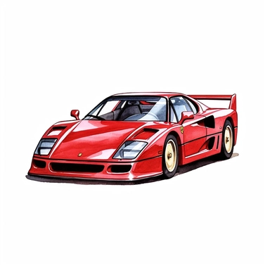 Clipart of a Ferrari F40 minimal details, aquarel colored cartoon style with thick borders. Only the car. White background, no floor, no shadow