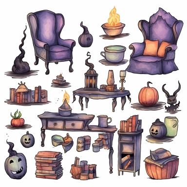 Cute witch furniture, ink and wash, watercolor Clipart, style by Lucy Fleming, watercolor, smooth gradients, black contour outline, ultra detailed, clipart elements, delicate pastel colors, solid white background, super clear, high quality