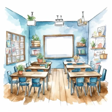 hand drawn, of a classroom, illustration Watercolor clipart, katie daisy style, single object,png,transparent, white background for removing background - - no text shadow font watermark