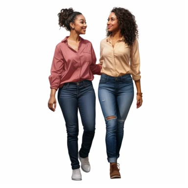 realistic illustration of two female african american friends standing very close to each other. Ladies are wearing denim jeans and a short top, belly is visible, modern look. Clipart, isolated on white background, 4K