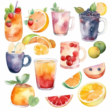 Food and Drink Watercolor Clipart: Paint watercolor fruits, vegetables, desserts, or beverages like coffee and tea, single style, white background