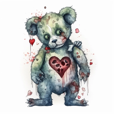 Hand drawn zombie stuffed bear, one arm missing but all is left is the bone, glowing eyes, heart stitched on chest cutesy goth, glamorous, Halloween, full body, very detailed and realistic, watercolor, white background with margins, clipart style