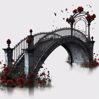 black Gothic Bridge Dark Fantasy Garden with red rose Clipart, white isolated background, space out, hd, 8k, realistic