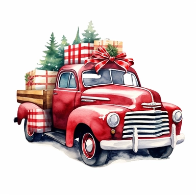 vector watercolor hyper realistic vintage classic dark red and gold Christmas truck plaid presents clipart on white background, dark red and gold Christmas truck with presents, photorealistic, realistic, detailed watercolor style, on white background
