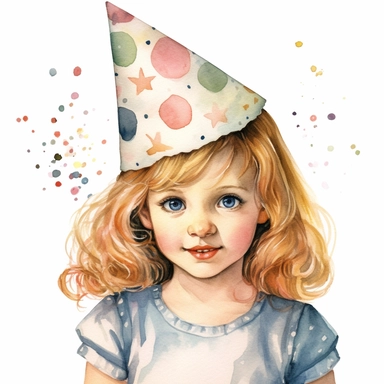 watercolor of a birthday child girl isolated on a white background, detailed ,realistic ,rtx on,textural richness,colorful imagery,digital illustration, clipart,