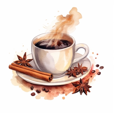 realistic high detailed watercolor steaming coffee cup with a cinnamon stick and star anise clipart, white background,