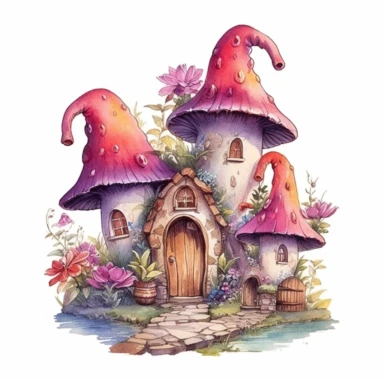 fairy houses, no shape muchroom, with colored flowers, clipart, isolated, aquarel