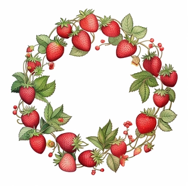 Tart strawberry wreath clipart, in the style of ethereal foliage, transfer, close up, cinquecento, decorative borders, avocadopunk, iso 200, white background