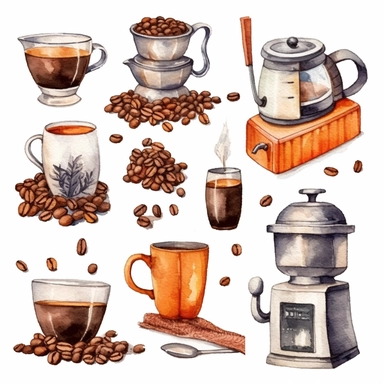 Coffee clip art, coffee beans makers takeaway drawings in watercolor style and clip art style