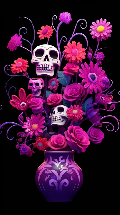 create a funny flowers bouquet, magenta and purple petals, as Halloween, bright green stem, black background, tiny purple bats flying around the flowers, and some tiny funny Catrina skulls for Halloween over emery flower, clipart,