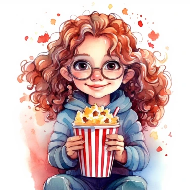 Cute girl enjoying movie night with popcorn watercolor Clipart