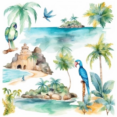 Tropical island beach clipart set isolated on white, watercolor, turquoise, blue parrot, - - no photograph