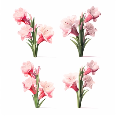 Flat colored design of Gladiolus clipart,multiple angle design sheet, little - flat Graphic Design, white background