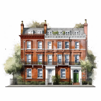 Isolated images, illustrations on a white background, facing front, elevation view, Georgian red-brick five storey terraced house on St Stephen's Green Dublin Ireland, Clipart, watercolor, realistic, isolated, full building, highly detailed, hdr, 32K, photo expert quality, watercolor realistic, hyperrealistic and highly detailed, isolated on a white background