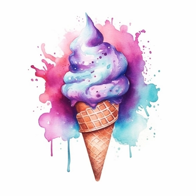 an enchanting watercolor, hyper-realistic clipart image with a white background and white margins, featuring a cone of soft-serve ice cream with a swirl on top. The ultra-detailed, hand-drawn elements capture the creamy texture and vibrant colors of the ice cream. Use whimsical touches to add a sense of delight, and bold shades of various colors to evoke the sweet and refreshing nature of this beloved fast food treat.